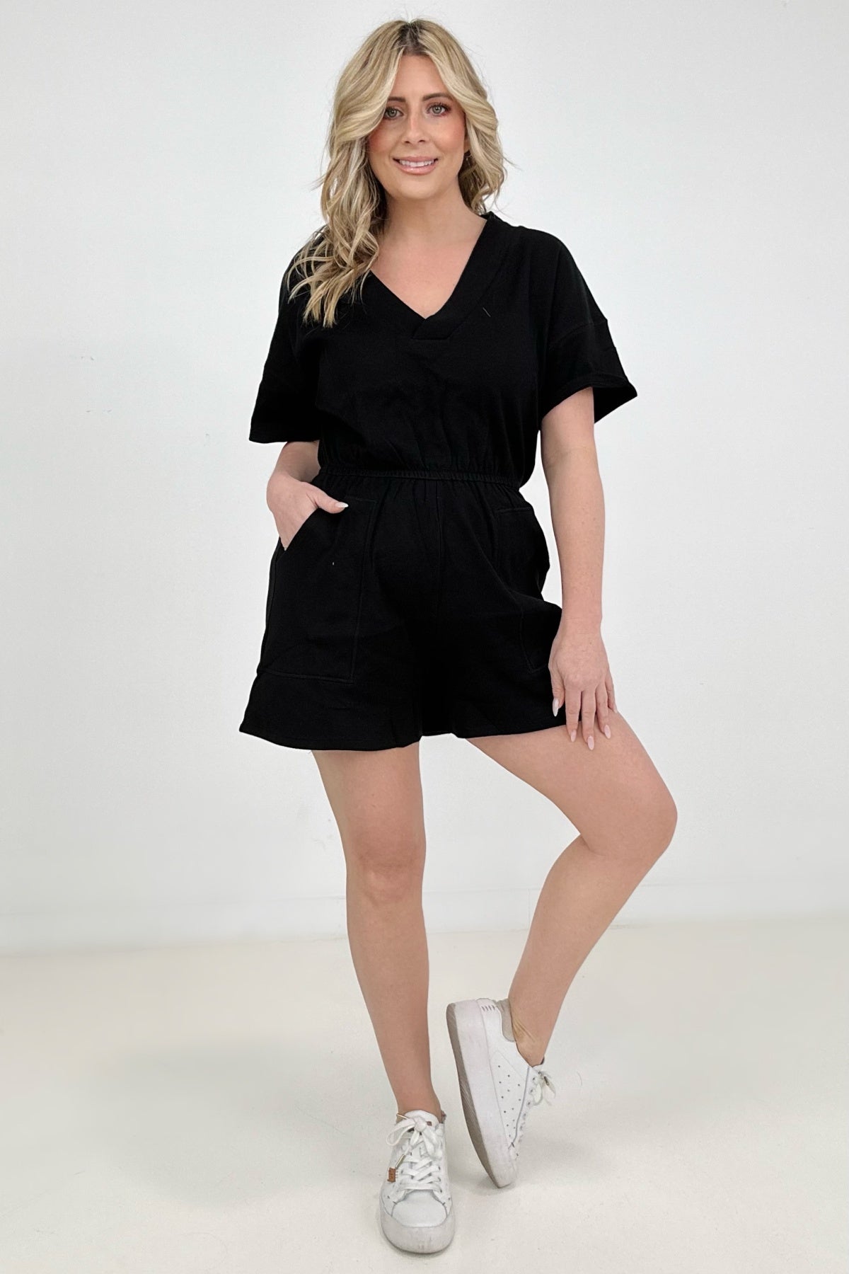 Zenana Drop Shoulder V-Neck Romper With Pockets