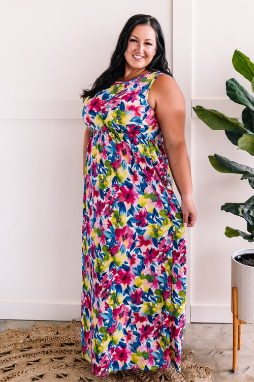 Maxi Dress With Pockets In Bright Neon Flowers
