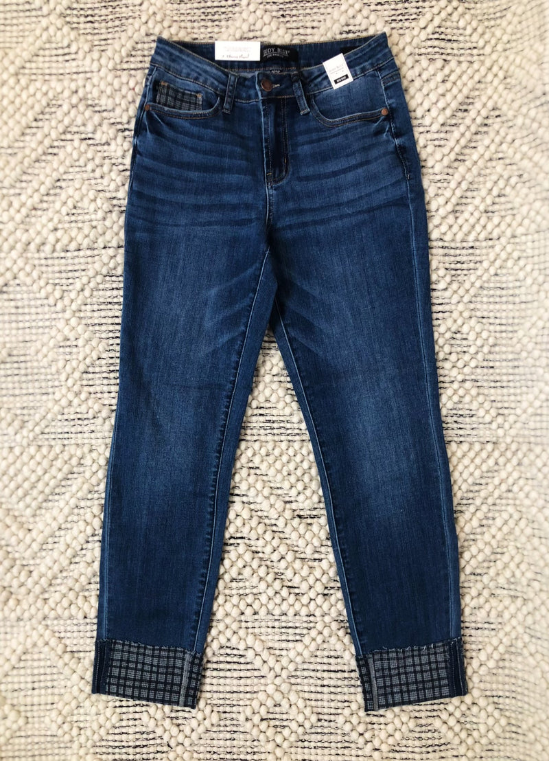 #K900 Cuffed In Plaid Judy Blue Girlfriend Jeans
