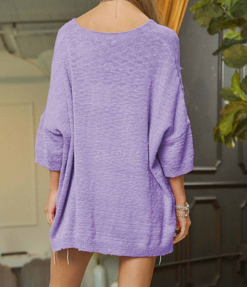 V Neck Oversized 3/4 Sleeve Sweater Top