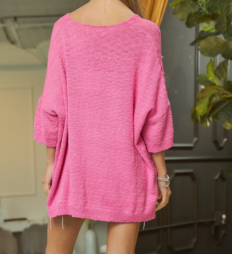 V Neck Oversized 3/4 Sleeve Sweater Top