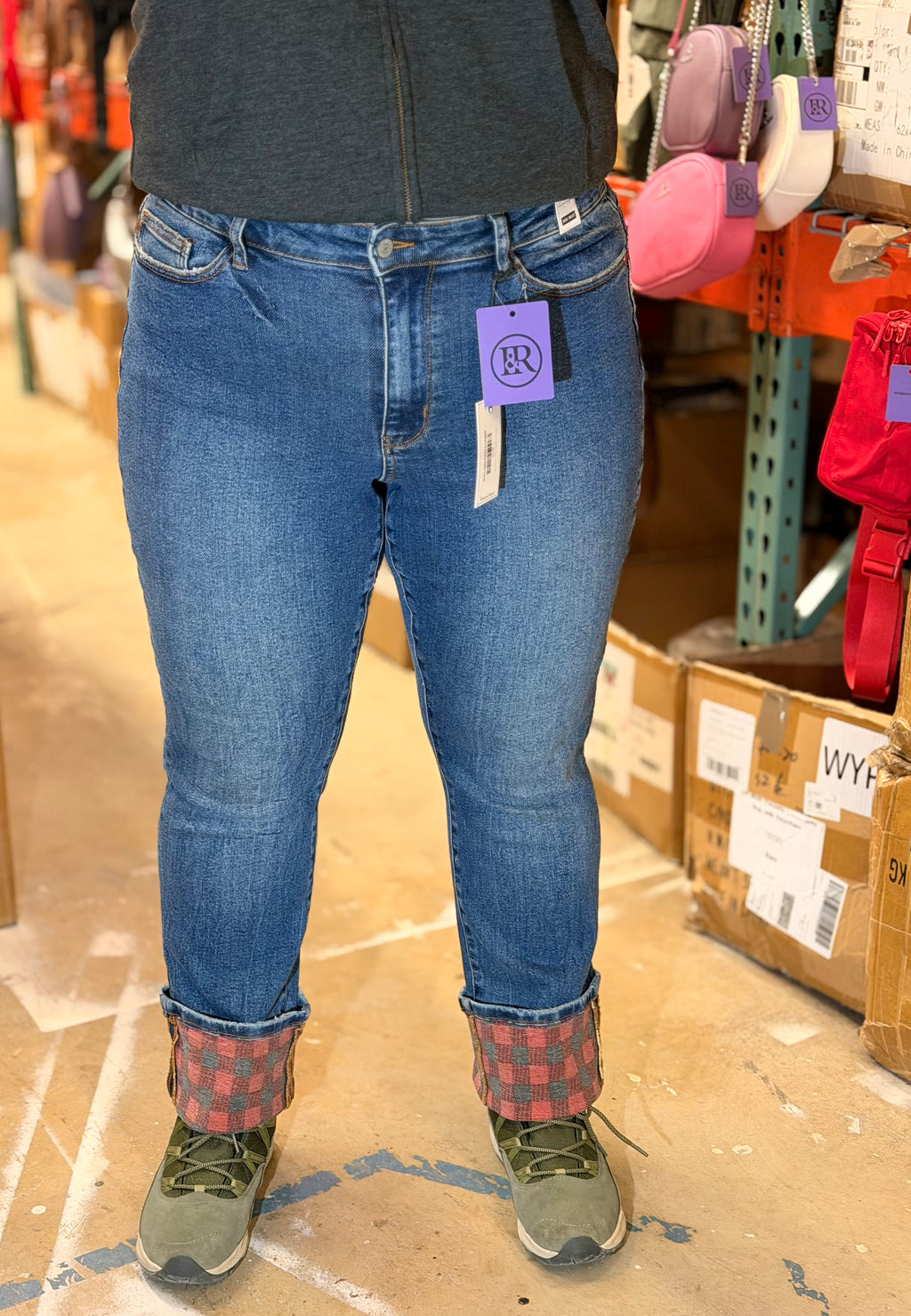 #P832 Betina Judy Blue Plaid Print Straight Denim Jeans - Casual Cotton Womenswear