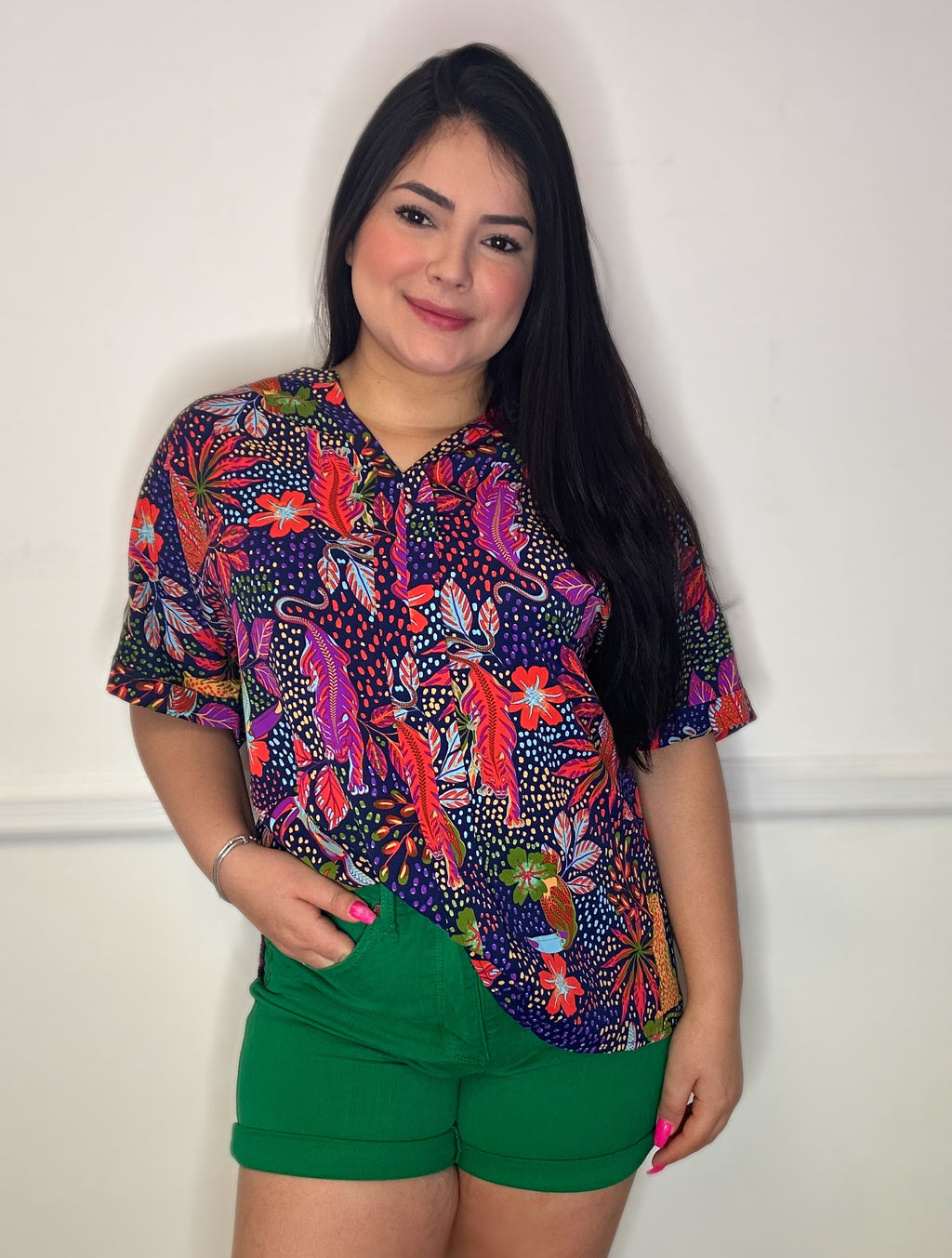 Print Collarless Short Sleeve Top