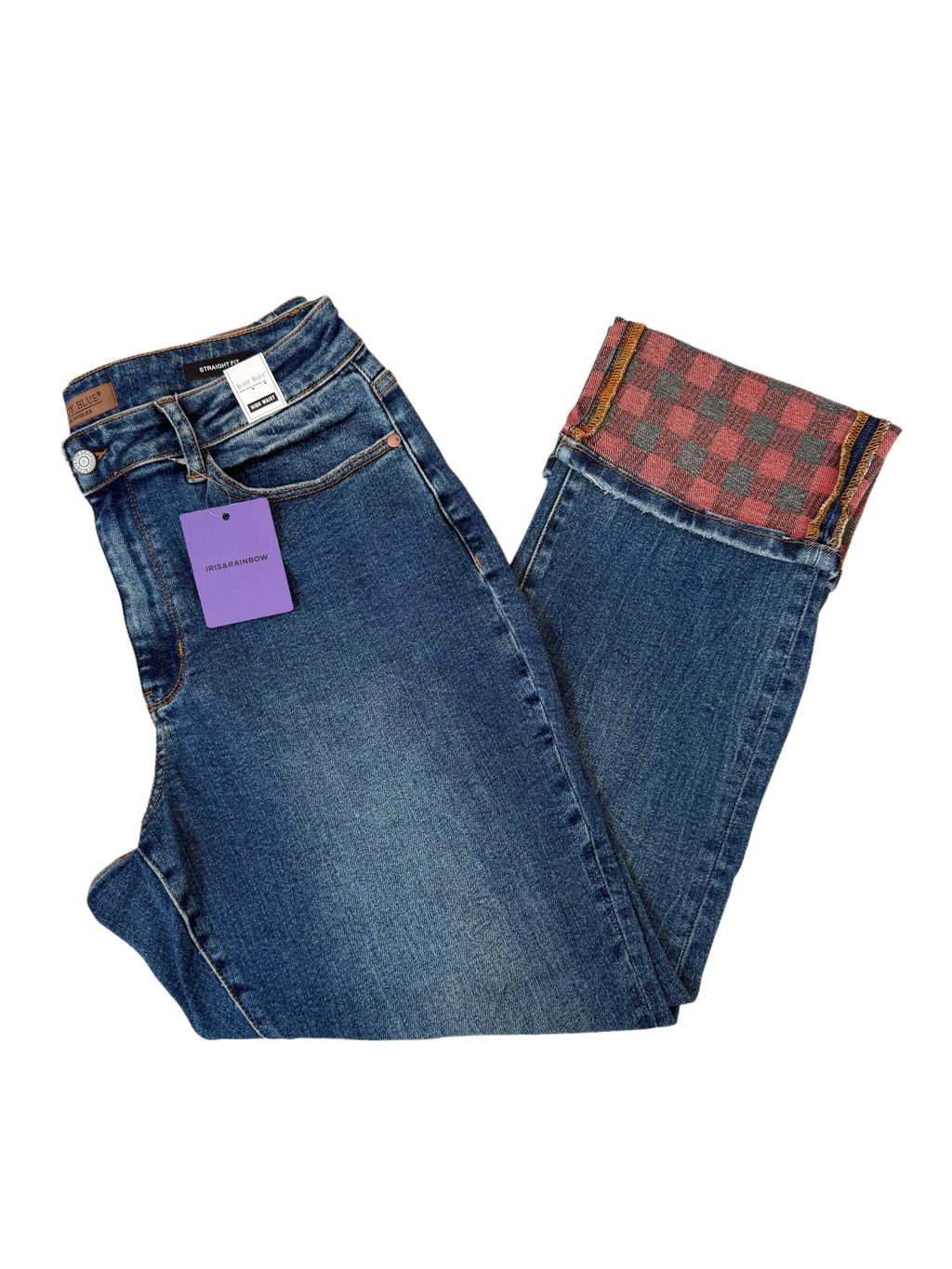 #P832 Betina Judy Blue Plaid Print Straight Denim Jeans - Casual Cotton Womenswear