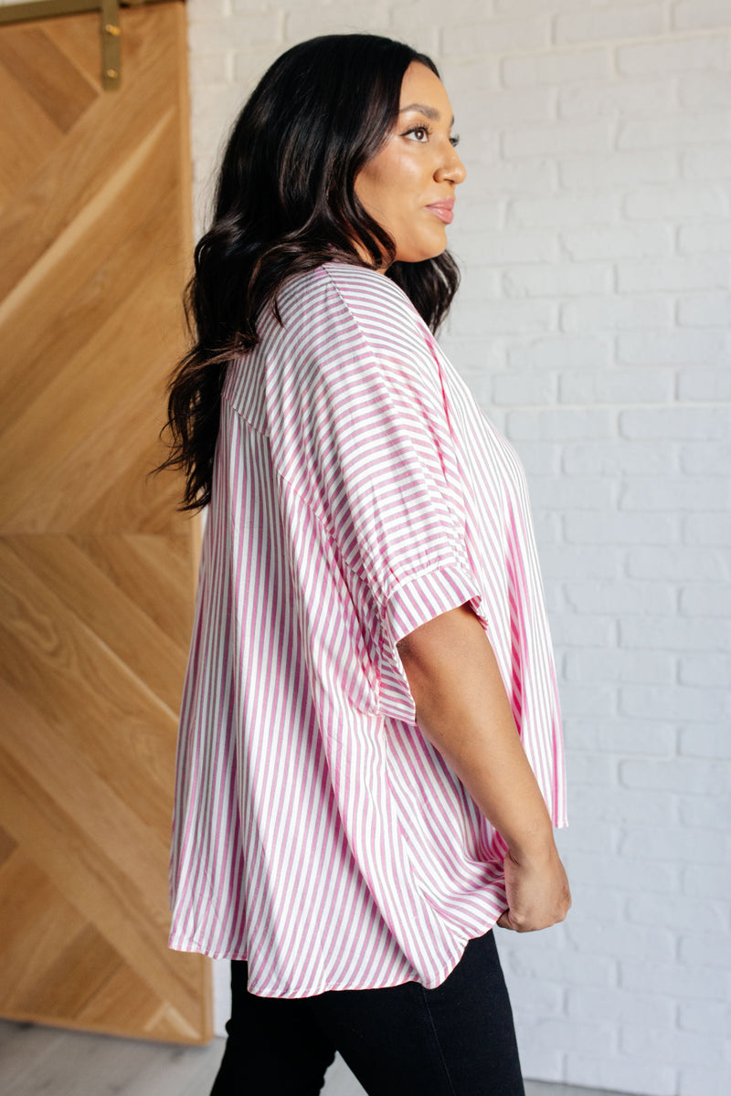 Boxy Striped Button Up in Hot Pink