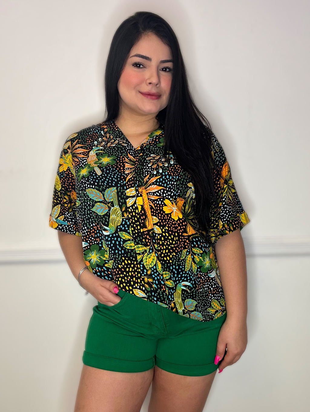 Print Collarless Short Sleeve Top