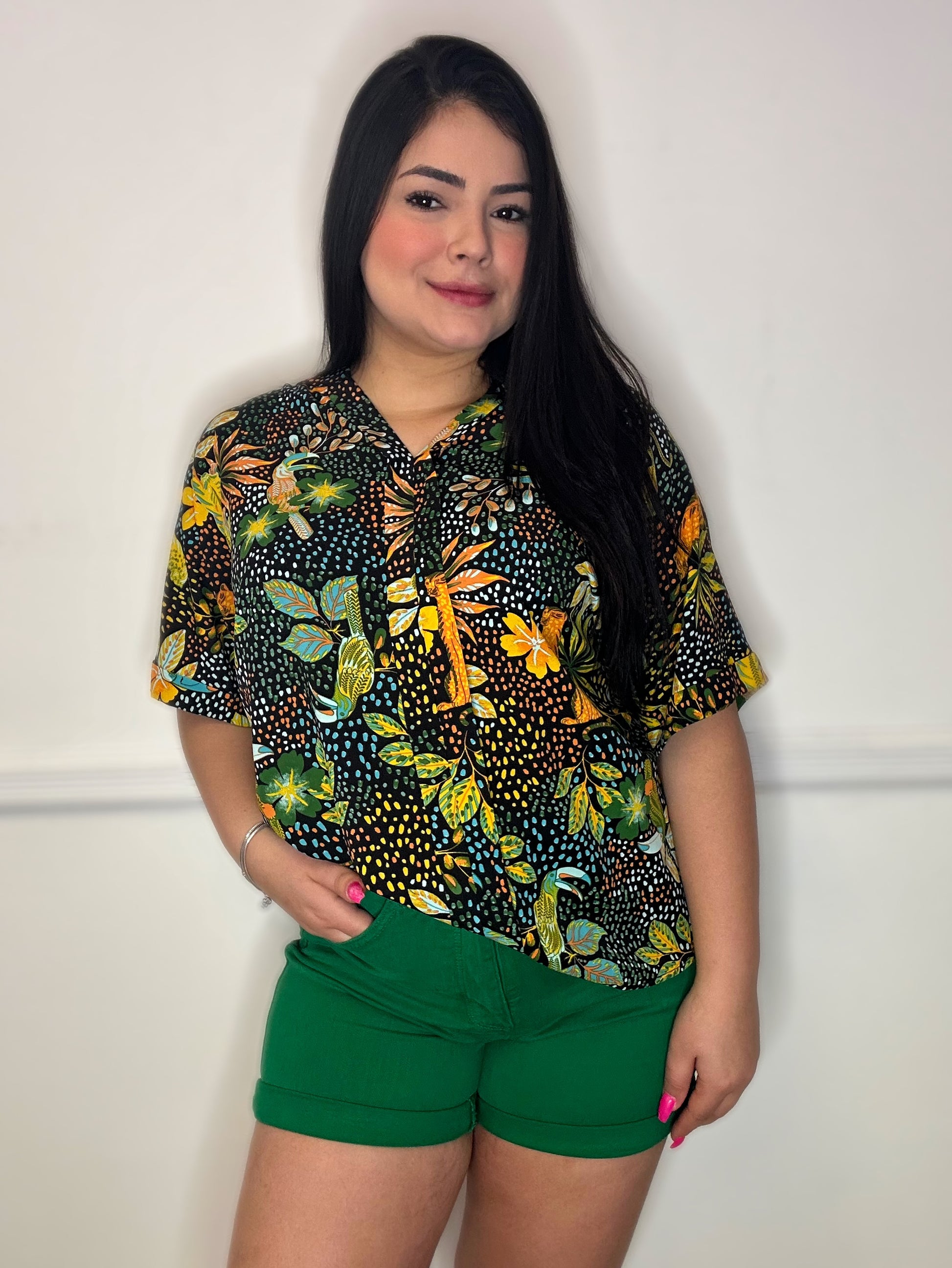 Print Collarless Short Sleeve Top