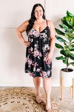 Twist Front Babydoll Dress In Black & Pink Florals*