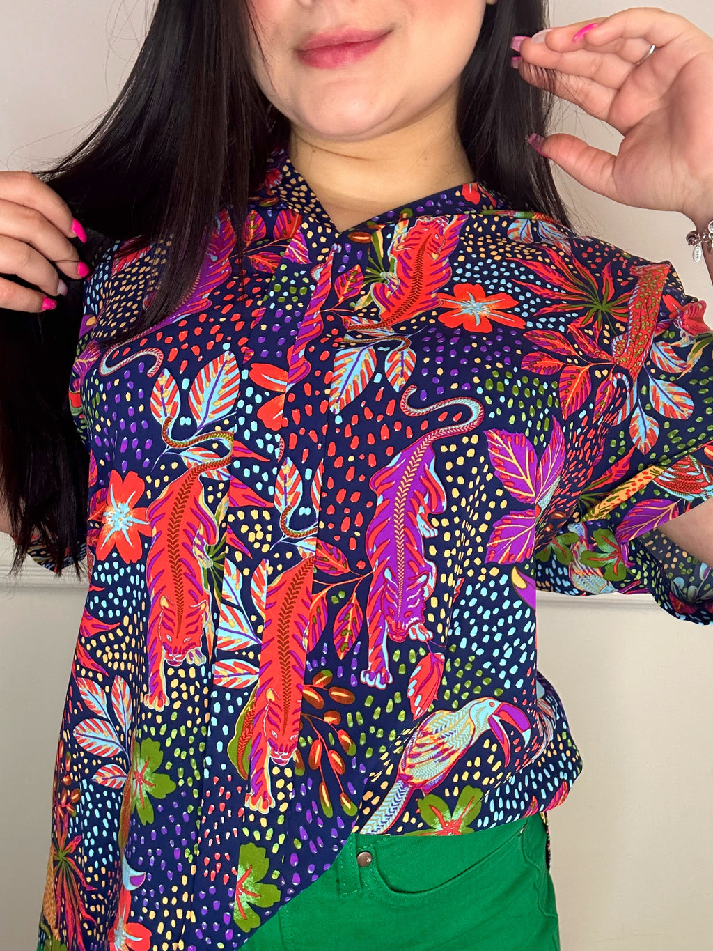 Print Collarless Short Sleeve Top