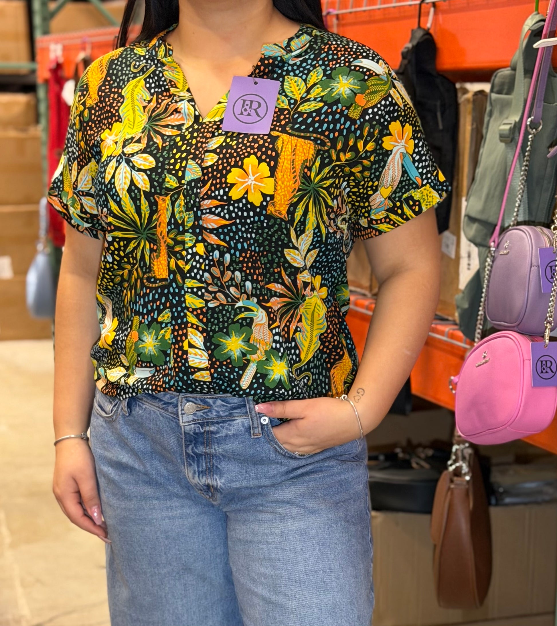 Print Collarless Short Sleeve Top