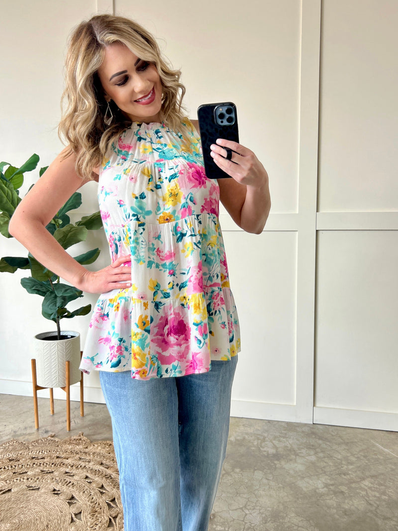 Tiered Tie Back Sleeveless Blouse In Easter Florals*