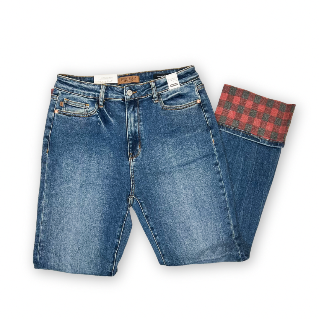 #P832 Betina Judy Blue Plaid Print Straight Denim Jeans - Casual Cotton Womenswear