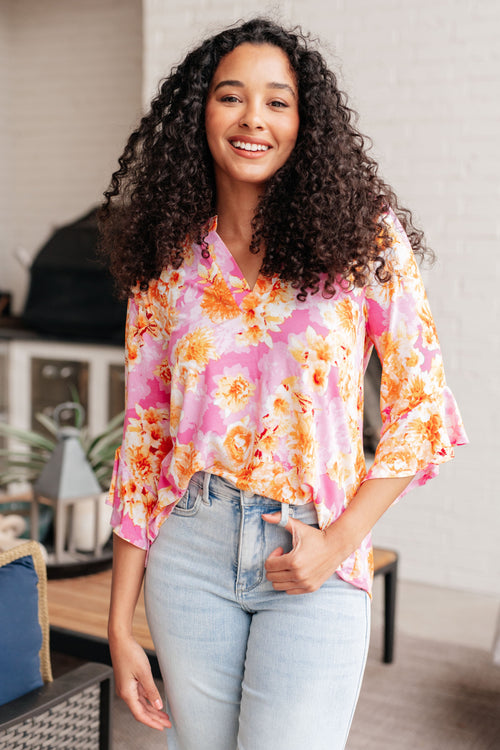 Lizzy Bell Sleeve Top in Pink and Gold Floral