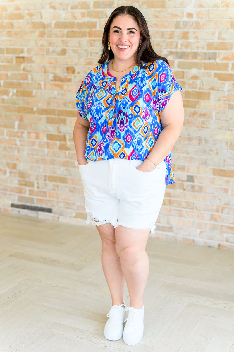 Lizzy Cap Sleeve Top in Blue and Magenta Ikat