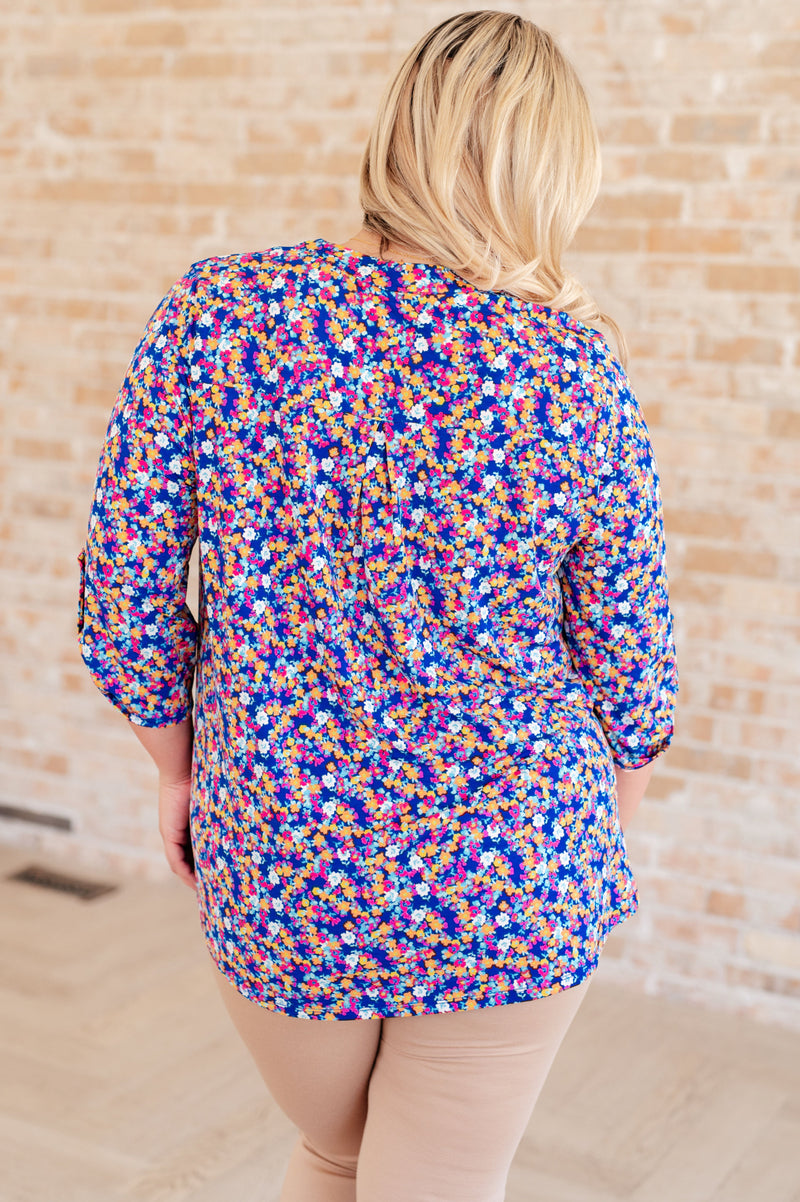 Lizzy Top in Blue and Pink Retro Ditsy Floral