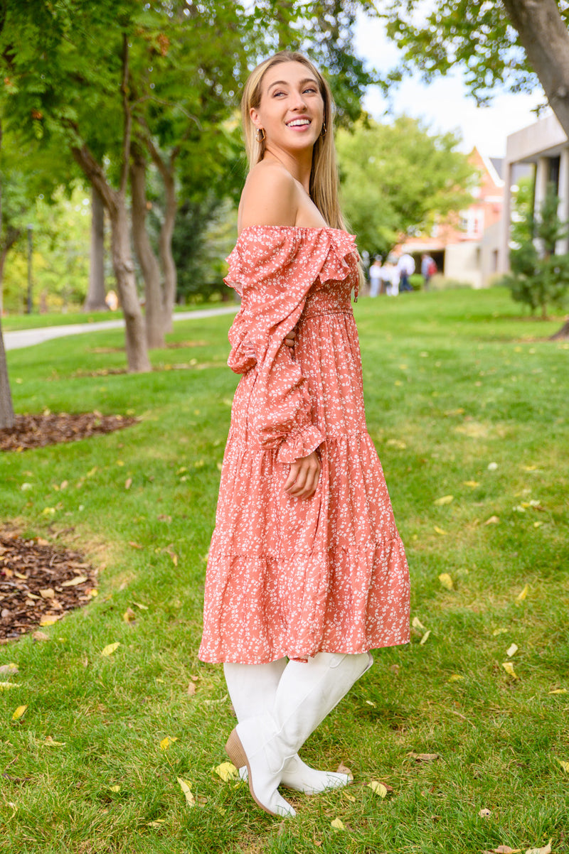 Now Is Your Chance Floral Midi Dress In Rust*