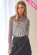 #P854 Checker Board Printed  Long Sleeve Top