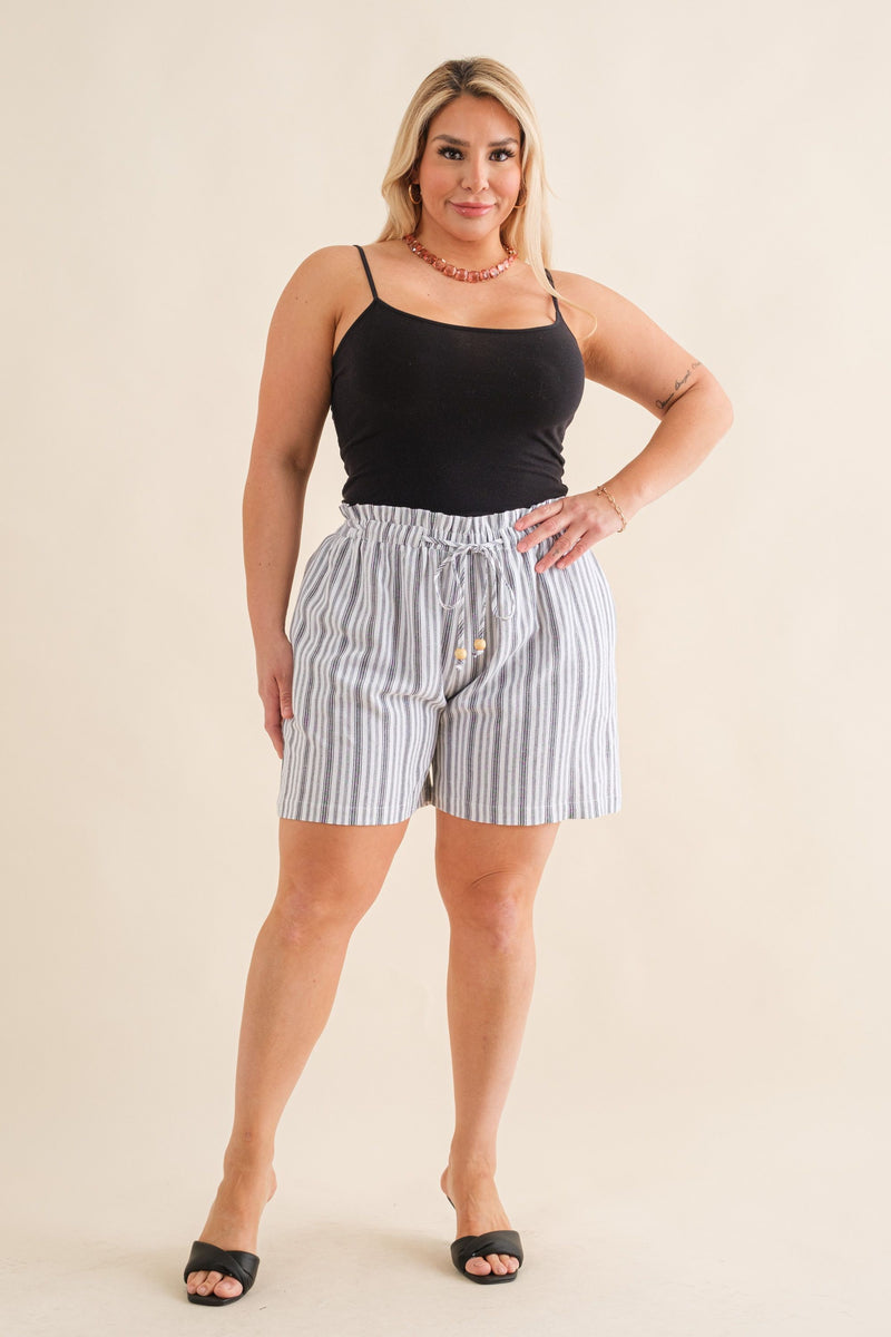 #P703 Linen Blend Striped Drawstring Shorts