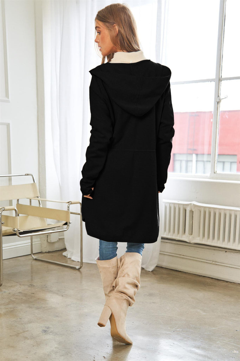 #P938 Knit Cinched Waist Hooded Open Cardigan