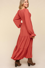 Smocking Maxi Woven Dress with Side Pockets in Marsala