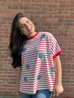 #P691 Star Sequin Patch Striped Tee