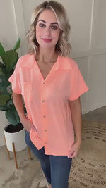 Soft Button Down Top In Neon Coral