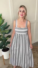 Smocked Maxi Dress In Grey & Ivory Stripes