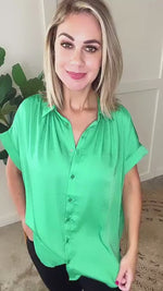 Silky Button Front Blouse In Emerald Green