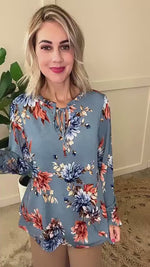 Tie Front Floral Top In Persian Blue