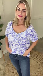 Sweetheart Neckline Blouse In Porcelain & Blue Floral