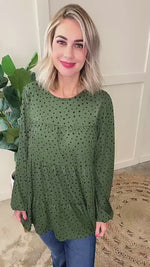 Tiered Long Sleeve Top In Olive Polka Dots