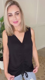 Together At Last Ruched Front Sleeveless Top In Black