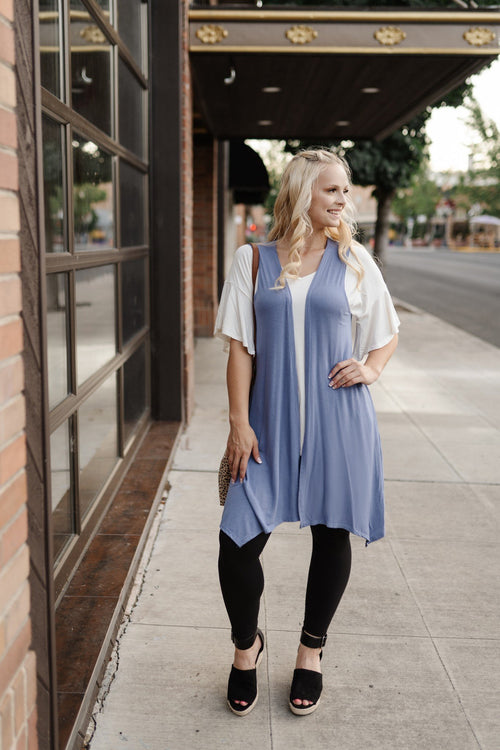 Life Of The Party Sleeveless Cardigan In Periwinkle