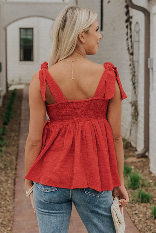 Smocked Embroidered Tie Strap Tank Top