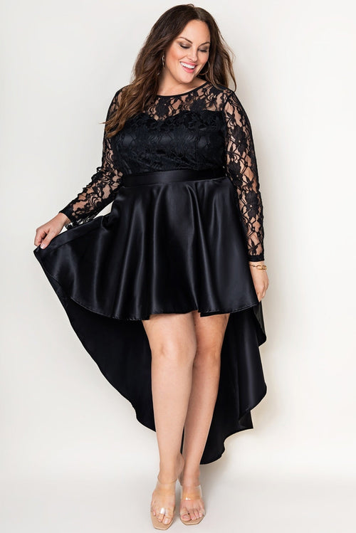 Plus Size Round Neck Lace High Low Satin Dress