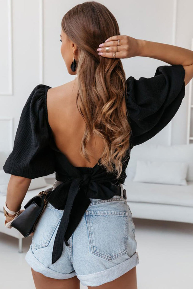 Square Neck Puff Sleeves Tie Backless Crop Top