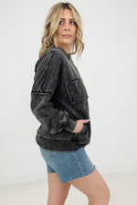 Zenana Acid Wash Raw Edge Front Pocket Pullover