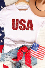USA Glitter Print Short Sleeve Round Neck T Shirt