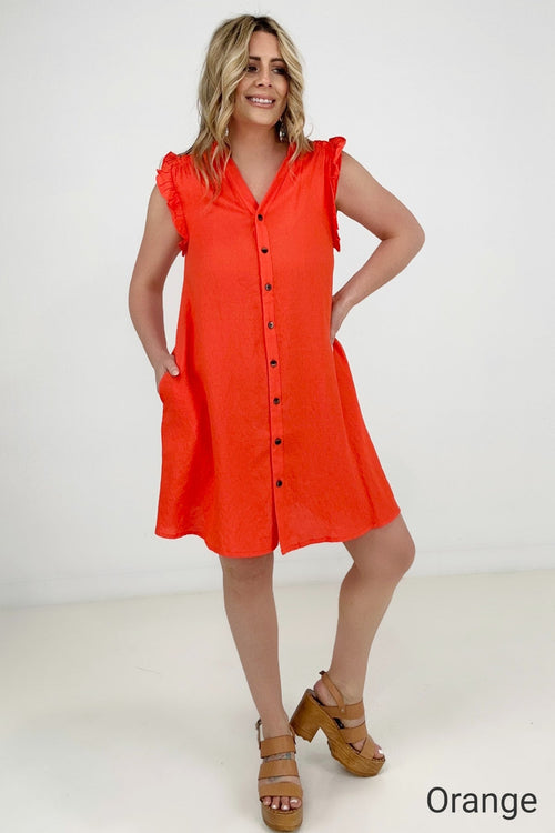 Cozy Co Refreshing V-Neck Button Down Mini Dress with Ruffle Sleeves