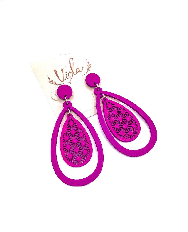 #M376 Teardrop Wood Earrings Pink