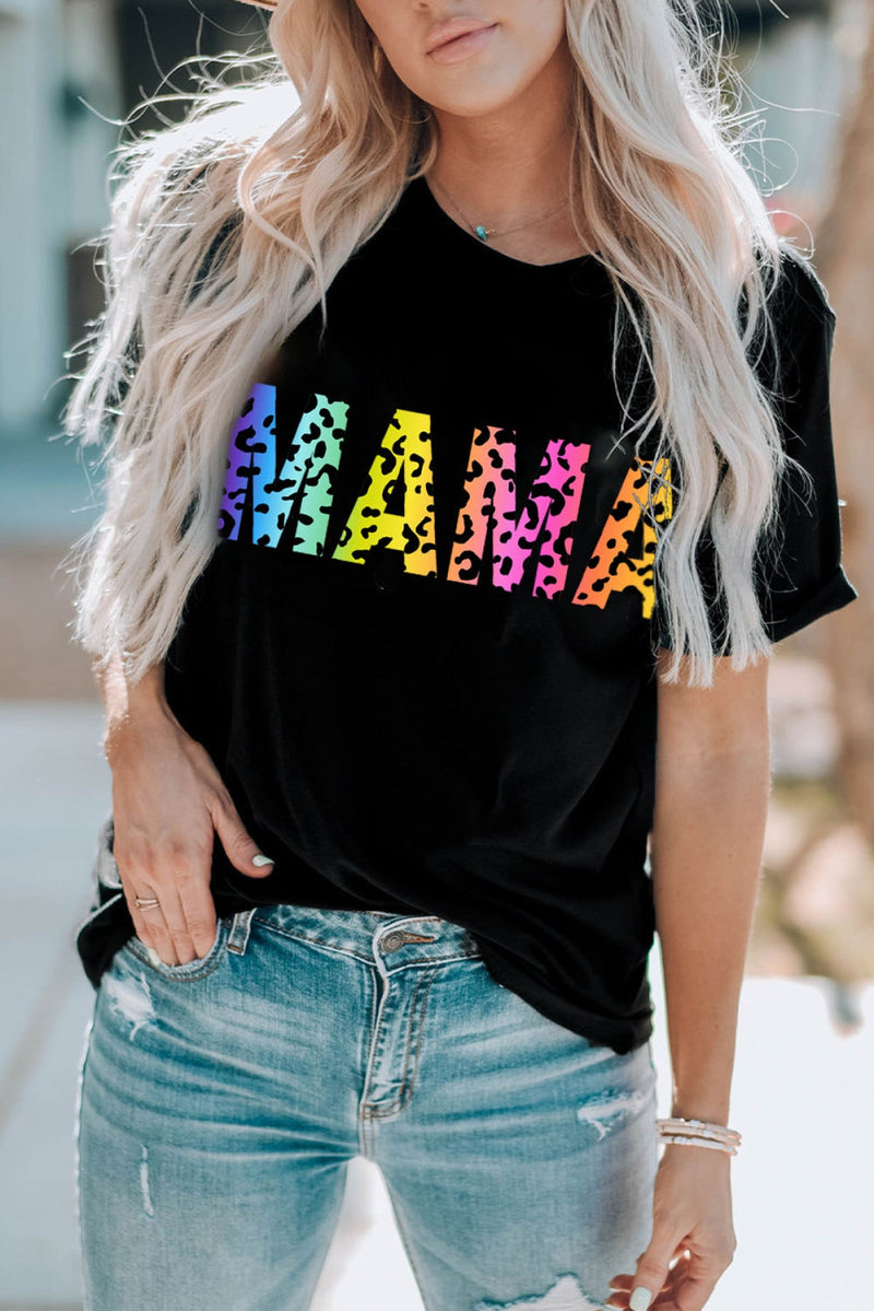 MAMA Leopard Print Short Sleeve Graphic T Shirt