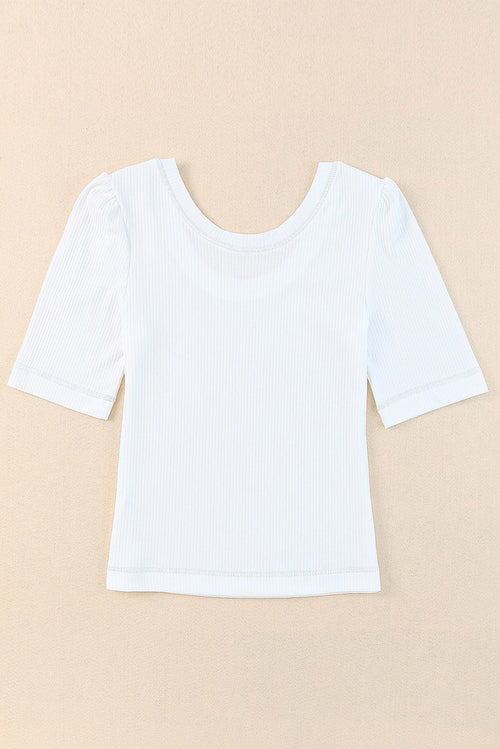 U Neck Puff Half Sleeve Ribbed Knit Top