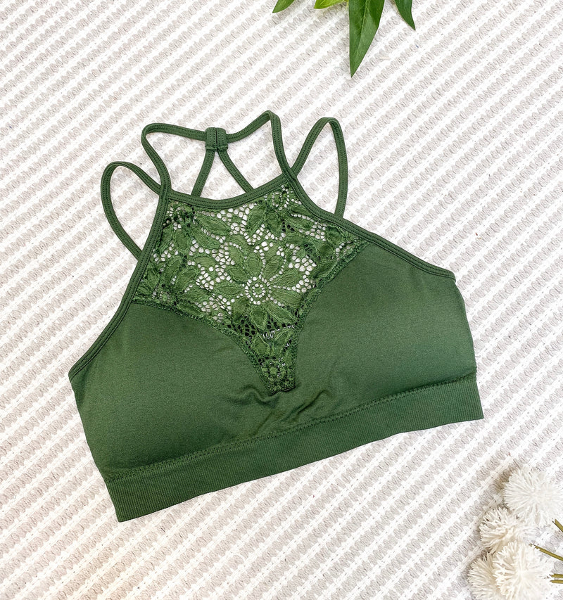 #604 High Neck Lace Bralette (Army Green)