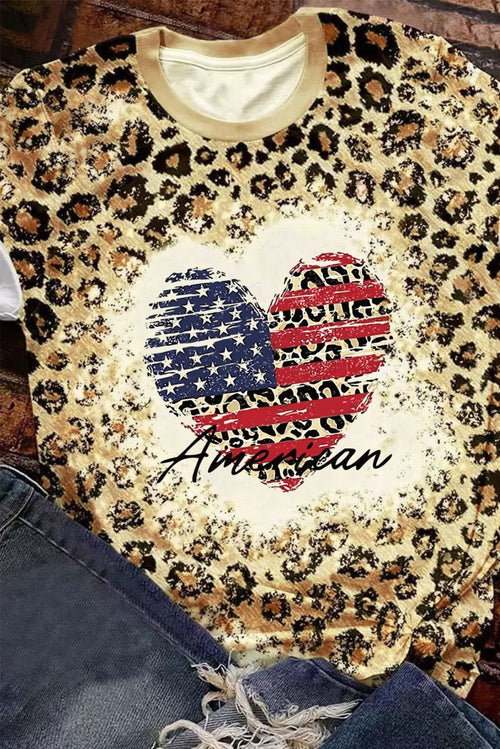 Leopard American Flag Heart Graphic Print T Shirt