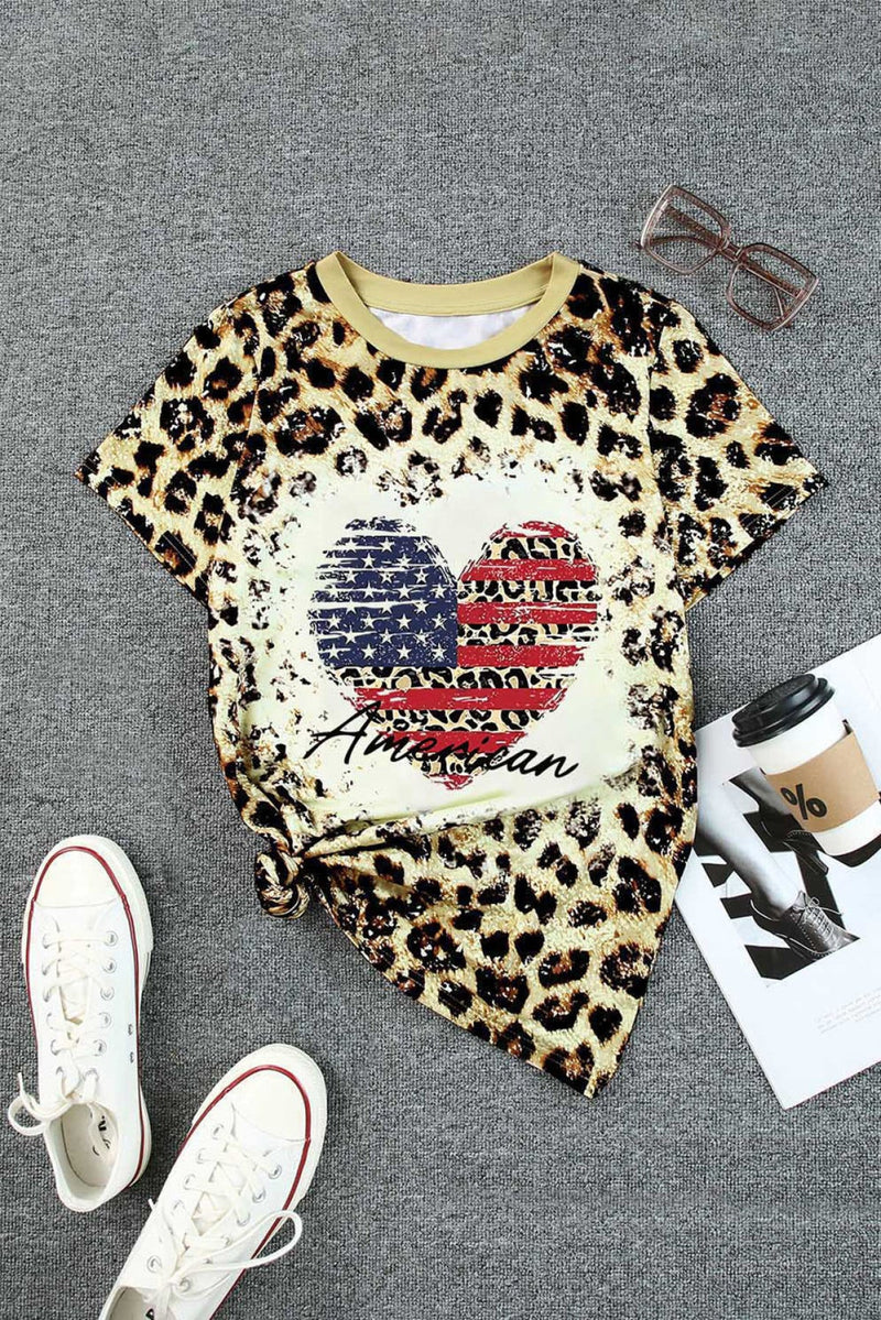 Leopard American Flag Heart Graphic Print T Shirt