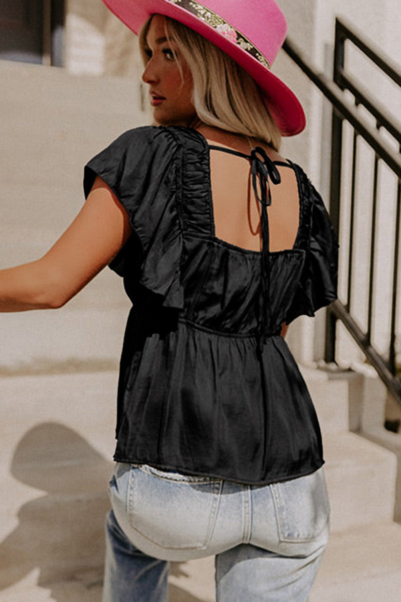 Pleated V Neck Tie Back Ruffle Top
