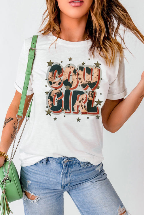 COWGIRL Star Print Round Neck Short Sleeve T Shirt