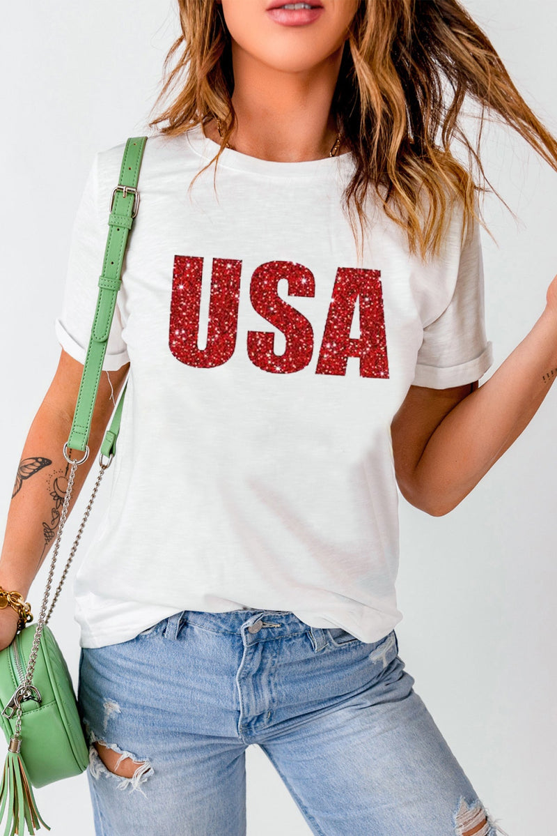 USA Glitter Print Short Sleeve Round Neck T Shirt