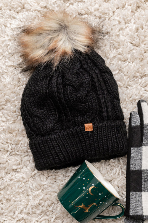 Cable Knit Cuffed Beanie In Black Winter22