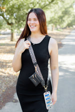 Leopard brown and black clip & go cell phone holder with attachable change pouch wallet and wristlet